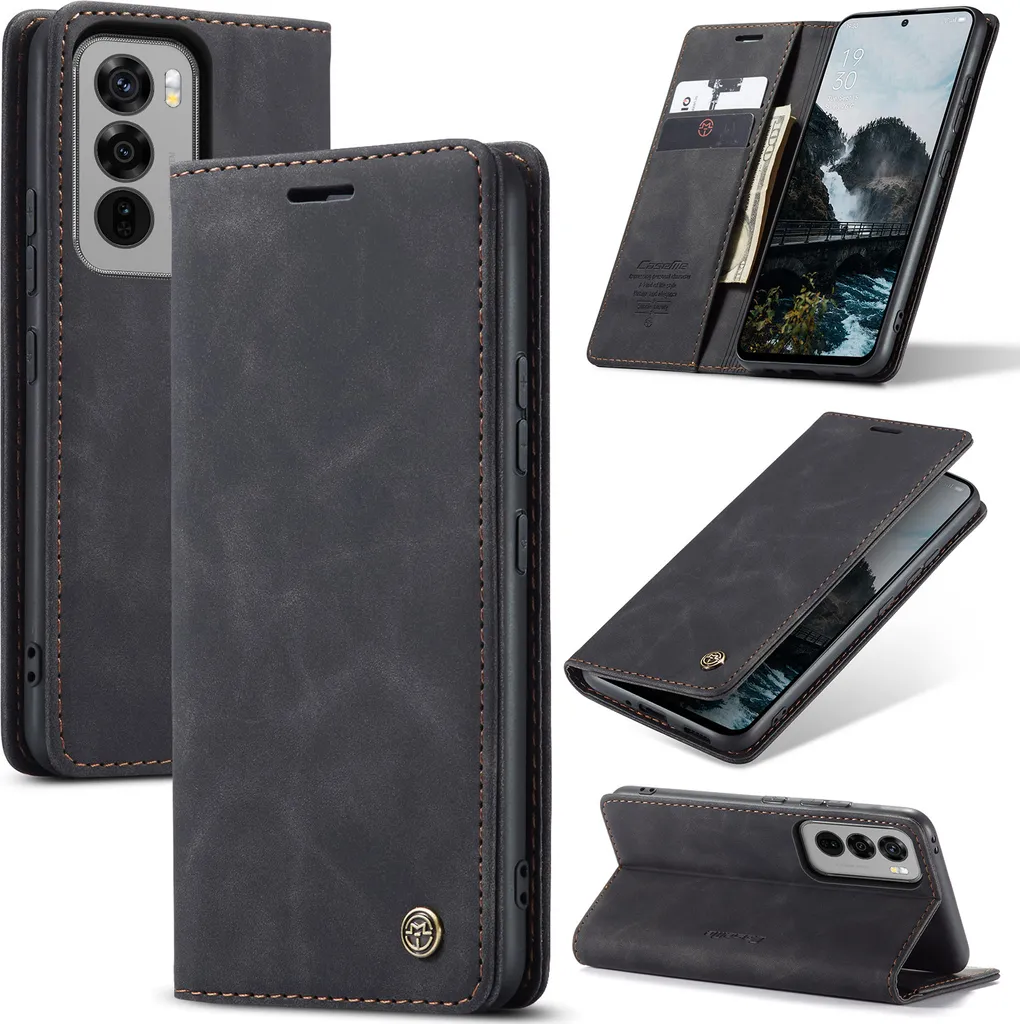 Custodia Elegante Oppo Reno12 Nero - Stile Cuoio con Protezione Totale