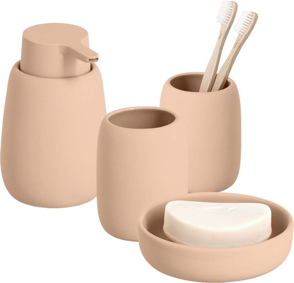 4-teiliges Badezimmer-Set Keramik mandel Badzubehör-Set besteht aus: Seifenspender, 2x Zahnputzbecher, Seifenschale, moderne Badausstattung von Ze...