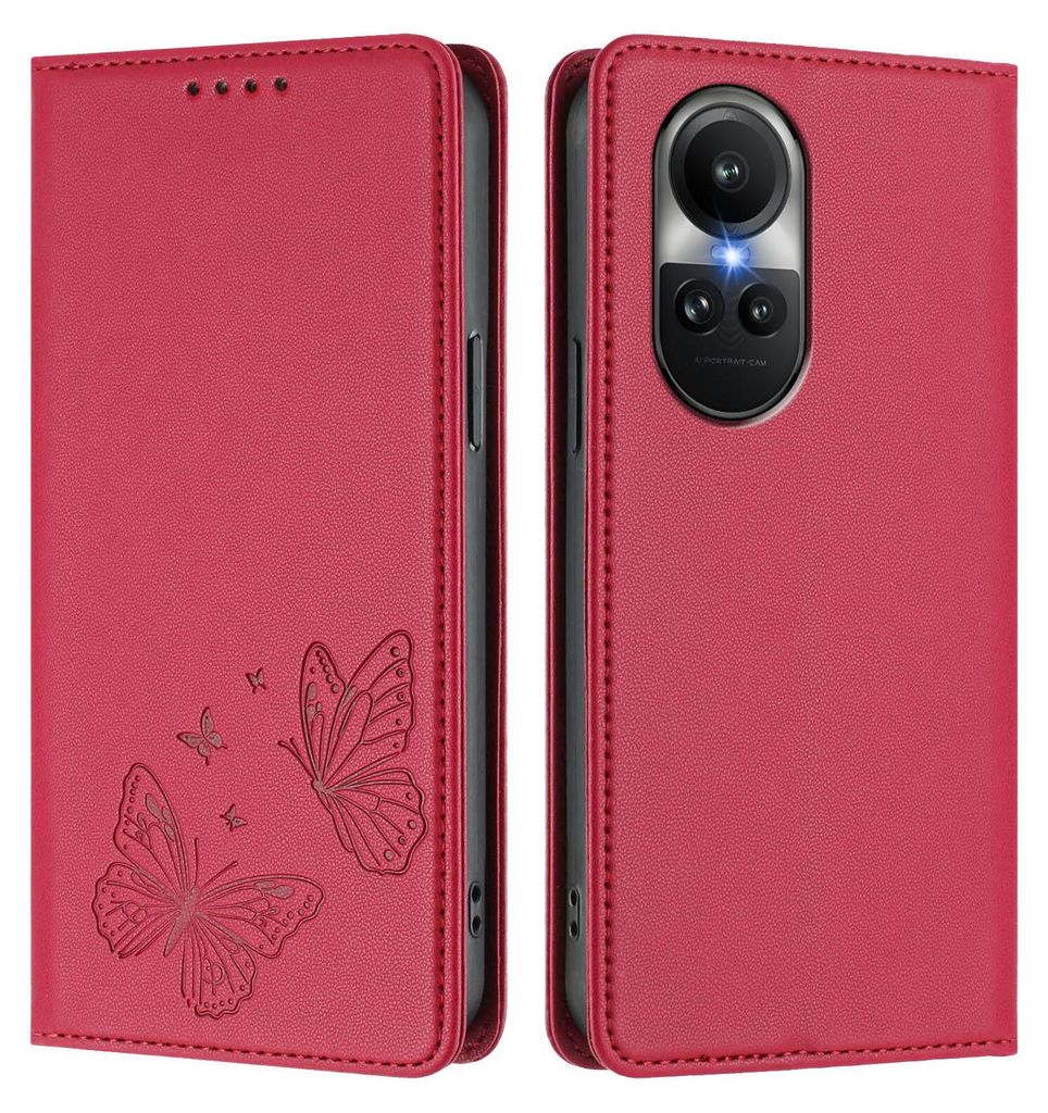 Lederhülle für Oppo Reno10 /Reno10 Pro 5G, Schmetterling Prägung Leder Brieftasche Schutzhülle mit Ständer Rot