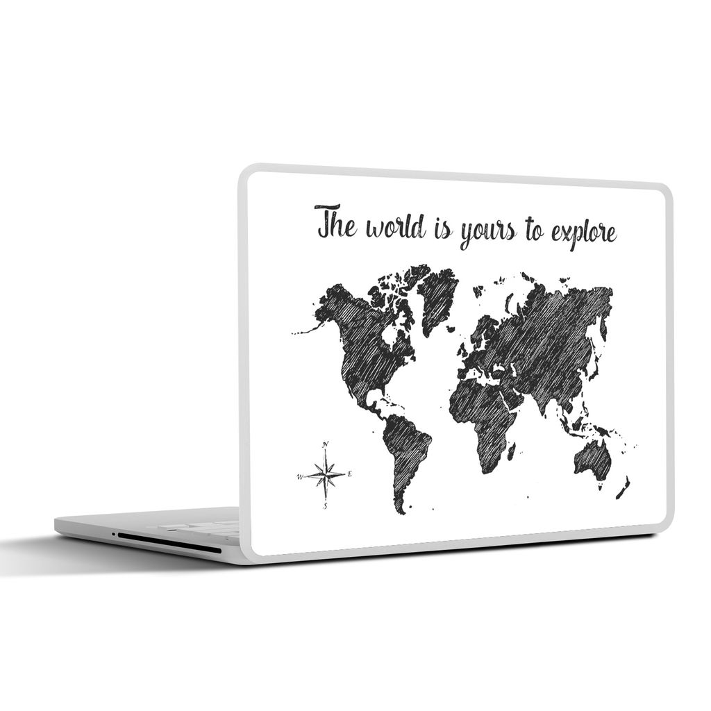 MuchoWow Laptop Aufkleber Sticker Cover Weltkarte - Zitat - Schwarz - Weiß 40x30 cm - Laptop Dekoration - Selbstklebend