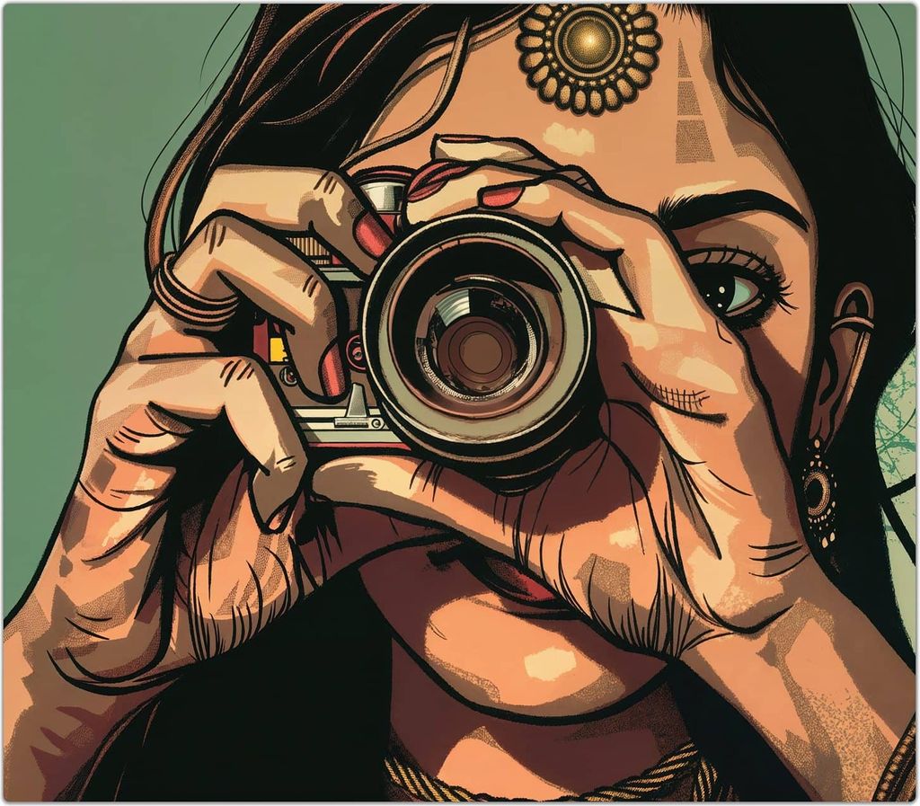 Spritzschutz Herdabdeckplatte Schneidebrett aus Glas Frau Mit Kamera 1-Teilig (60x52cm)