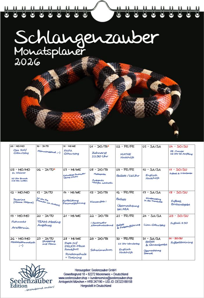 Schlangenzauber Planer DIN A4 Kalender für 2026 - Seelenzauber