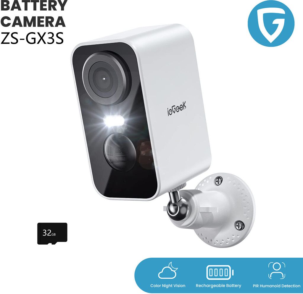 ieGeek 2K Überwachungskamera Außen Akku, IP Kamera Wlan Farbnachtsicht mit PIR, 32GB
