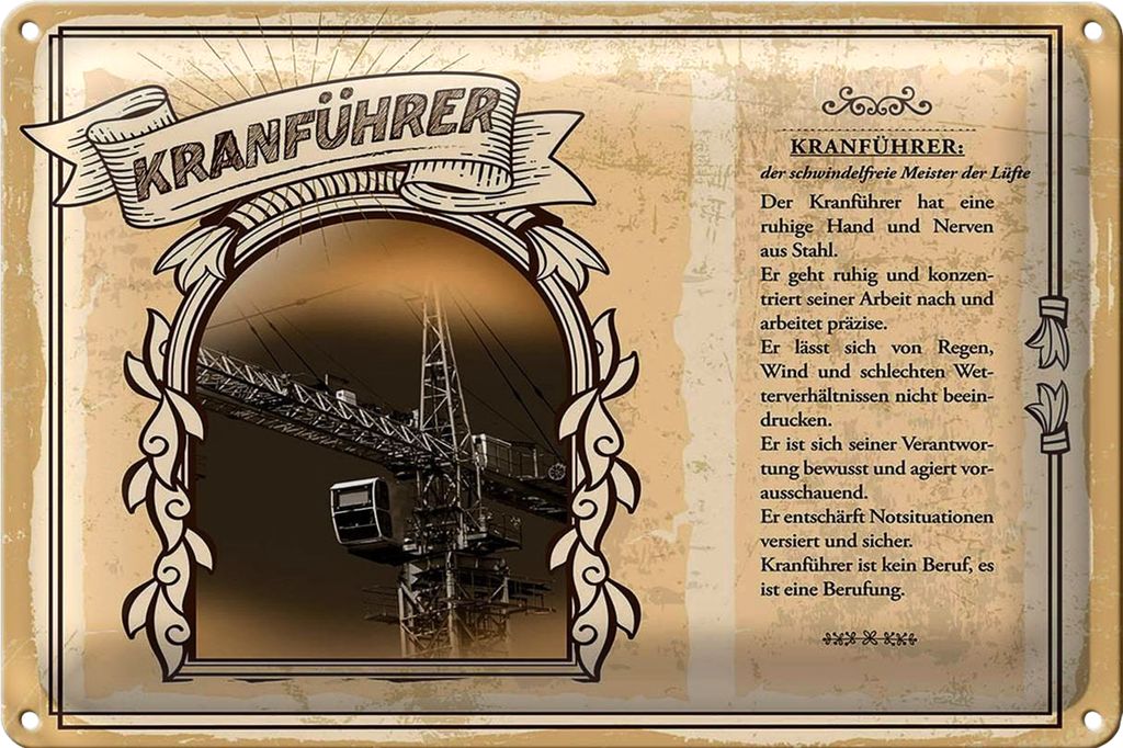 Blechschild Berufe 40x30cm Kranführer ruhige Hand und Nerven