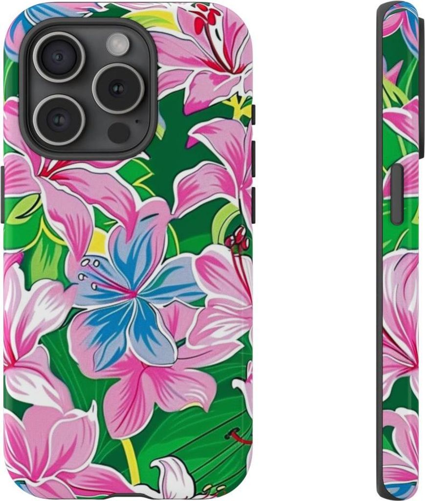 Blumiges Pink-Blau-Muster – Hülle Kompatibel mit iPhone 15 Pro