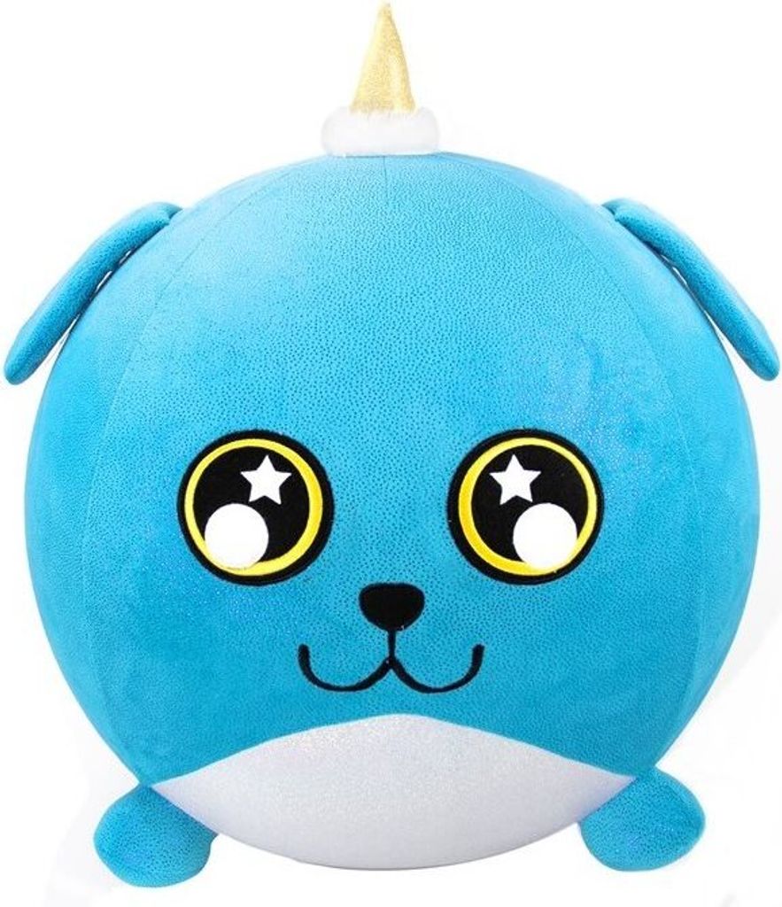 A blue plush toy with large yellow eyes and a gold horn on its head, presented against a white background.
