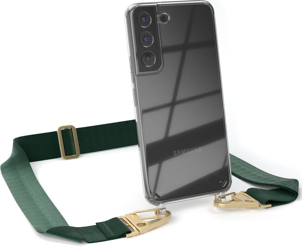 EAZY CASE - Hülle mit Band für Samsung Galaxy S22 5G, Handyhülle mit Umhängeband, Silikonhülle transparent, Handykette in Grün