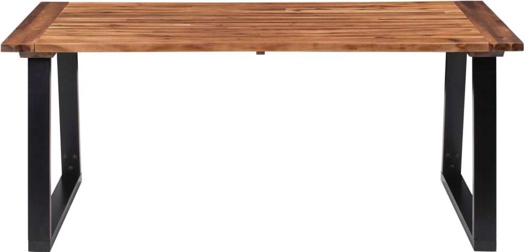 A wooden dining table with black metal legs, shown from the front.