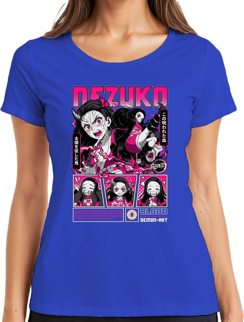 Demon Slayer Nezuko Dämon Blut Anime Geschenk Japan Y2K Streetwear Halloween Damen T-Shirt, Blau, S