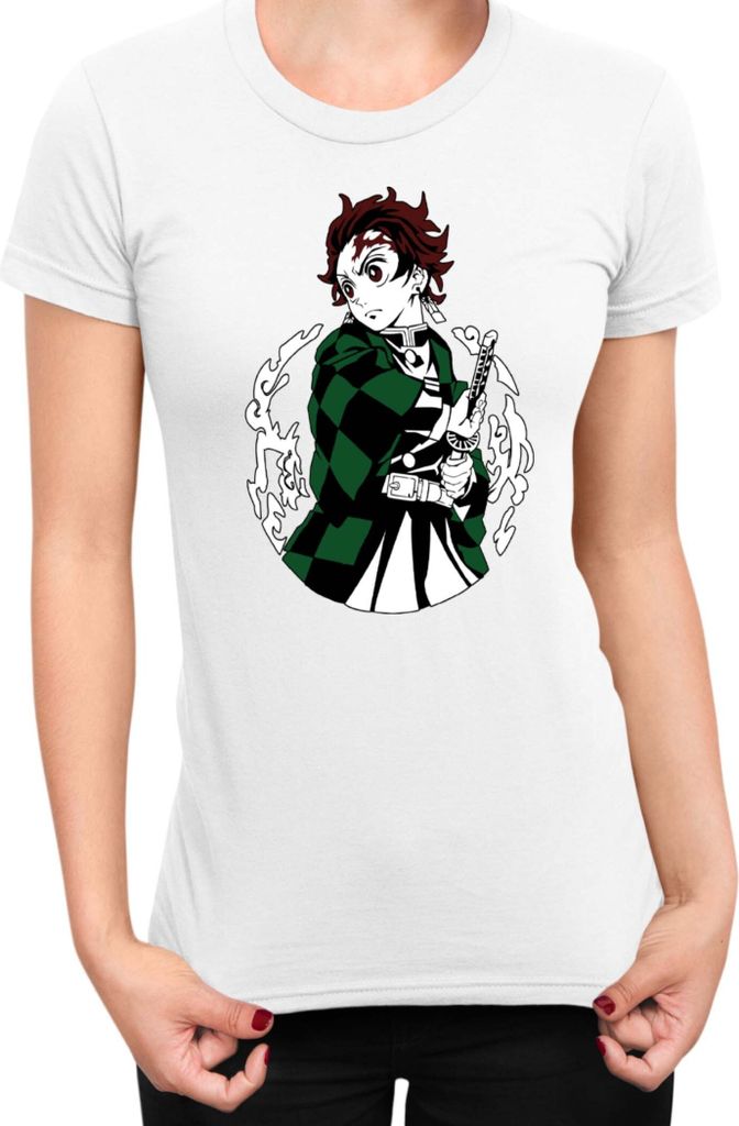 Damen T-Shirt Demon Anime Slayer Kimetsu No Yaiba Tanjiro Kamado 013, Lady XS / Weiß