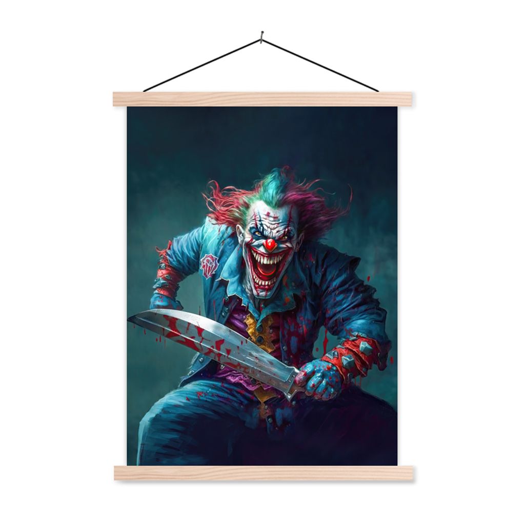 MuchoWow Textilposter Clown - Horror - Messer - Kleidung - Porträt 120x160 cm mit holzfarbenen Rahmen - Plakatkarton