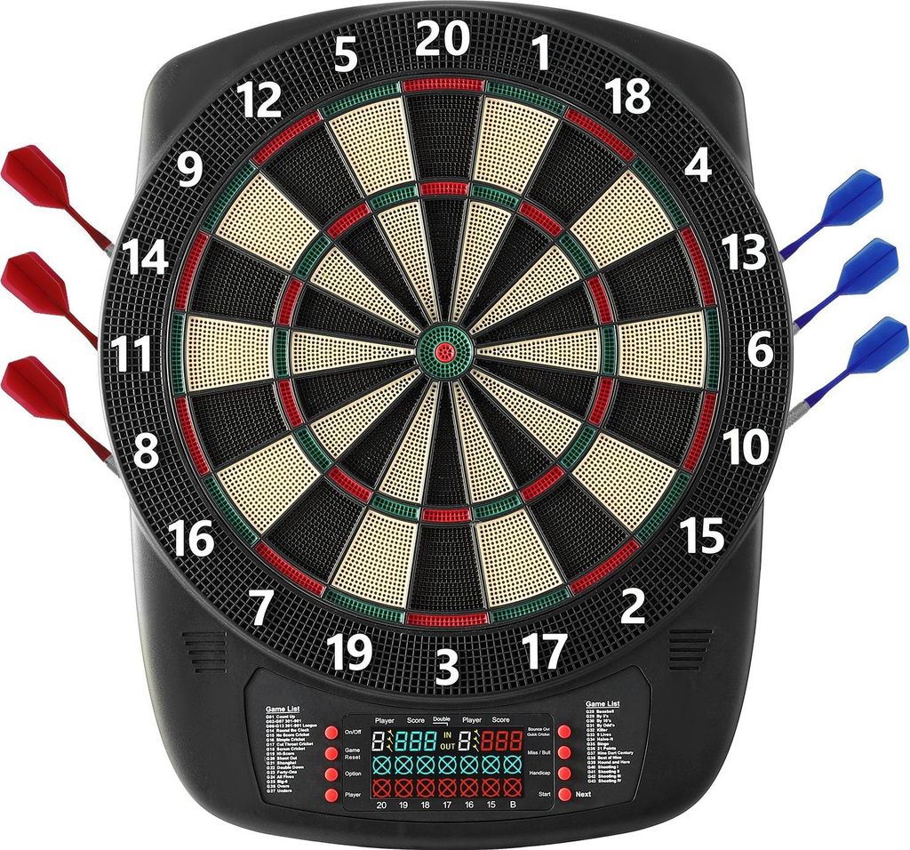 Elektronische Dartscheibe - E-Dartboard - Durchmesser 34,3 cm - Mit 43 Spielen & 200+ Varianten - Für bis zu 8 Spieler - Farb-LCD-Punkteanzeige - ...