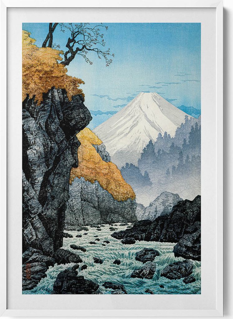 Japanische Skizze des Berges Fuji– Wandbild mit Rahmen – Gerahmtes Bild – Wanddekoration – 70x100 cm – Weiß Rahmen