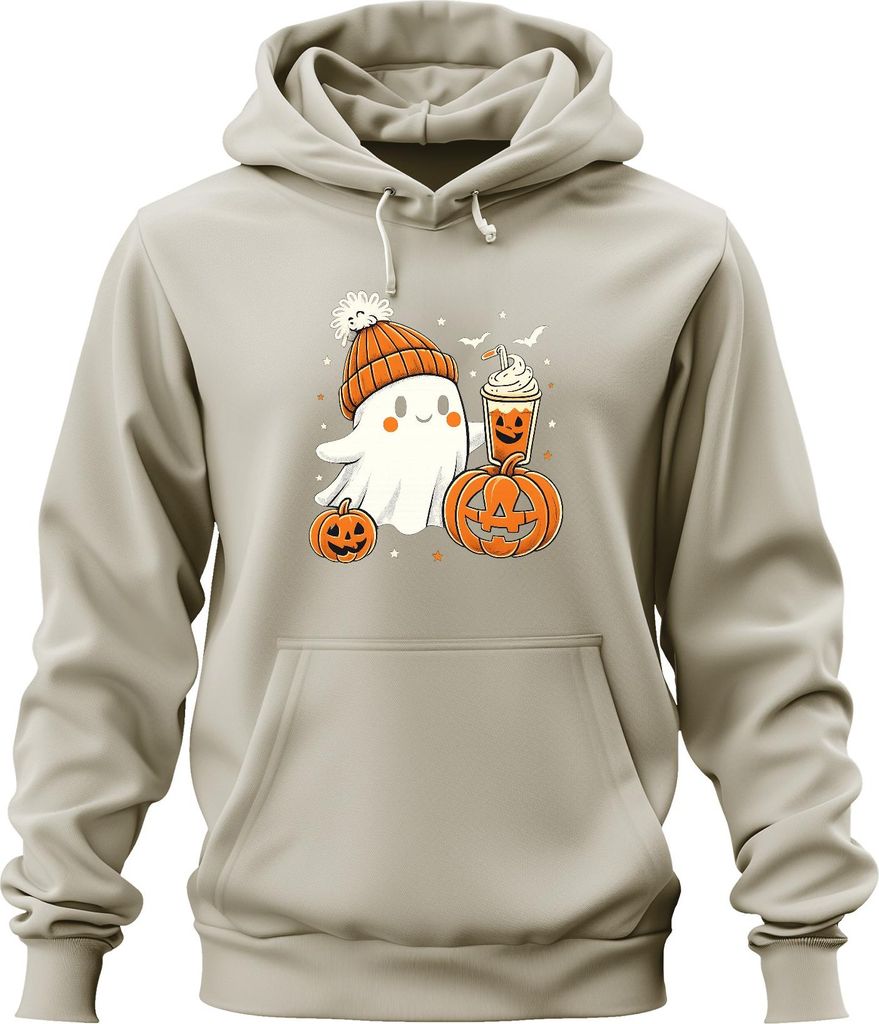 Süßes Gespenst mit Kürbis Latte Halloween Kürbis Beanie Niedlich Uni Hoodie Kapuzenpullover, Natur, M
