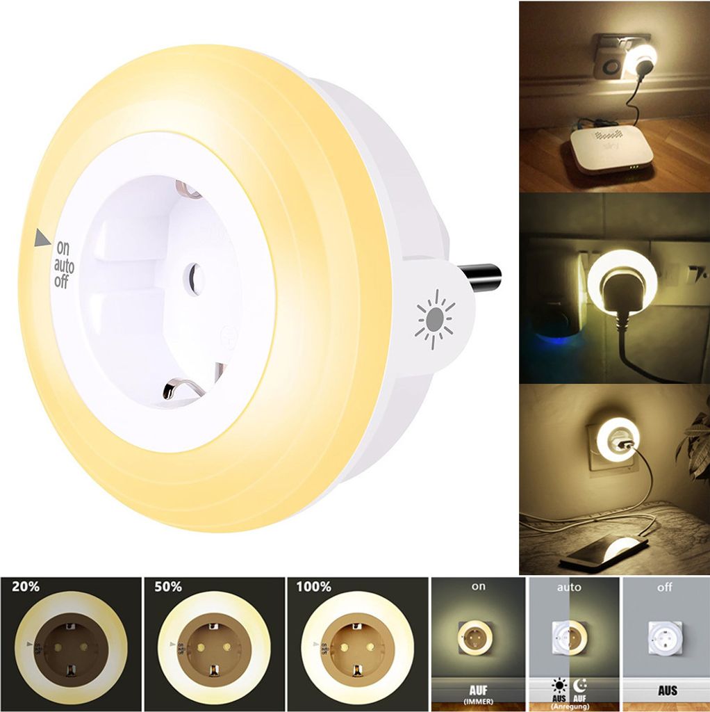 Steckdose Dimmbar LED-Nachtlicht,LED Wand-Nachtlicht mit Steckdose,Automatischem Dämmerungssensor,Plug-in-LED-Nachtlicht,Flur,Schlafzimmer,Warmweiß