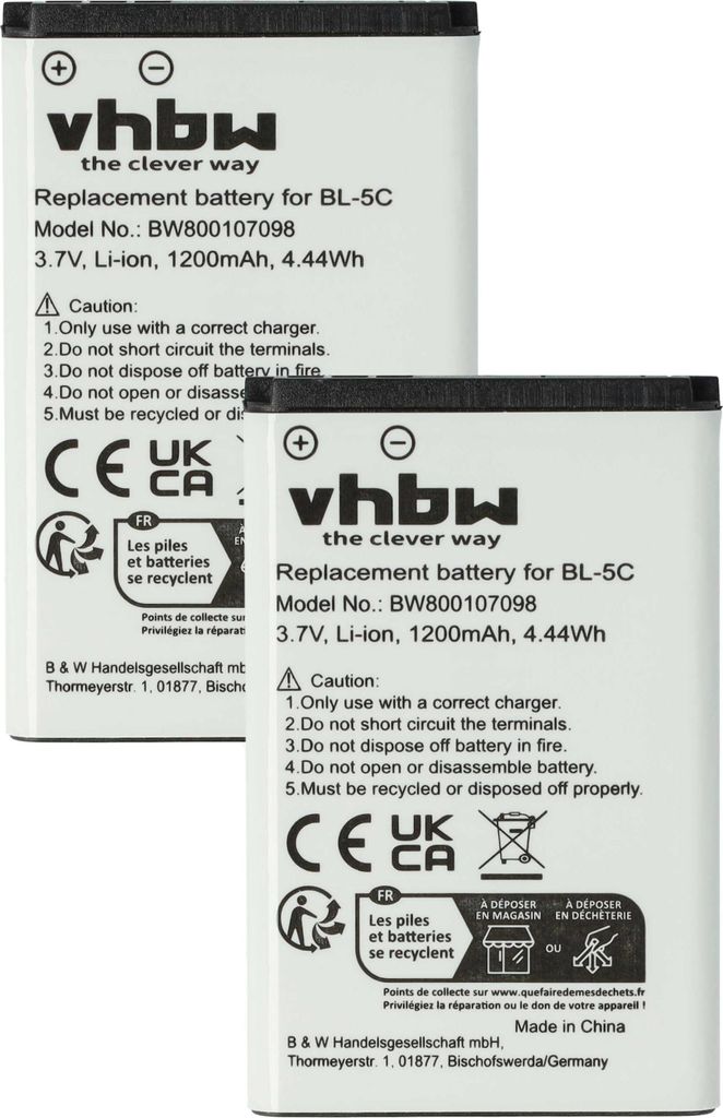 vhbw 2x Akku Ersatz für Telekom A051 für Handy Smartphone Telefon (1200 mAh, 3,7 V, Li-Ion)