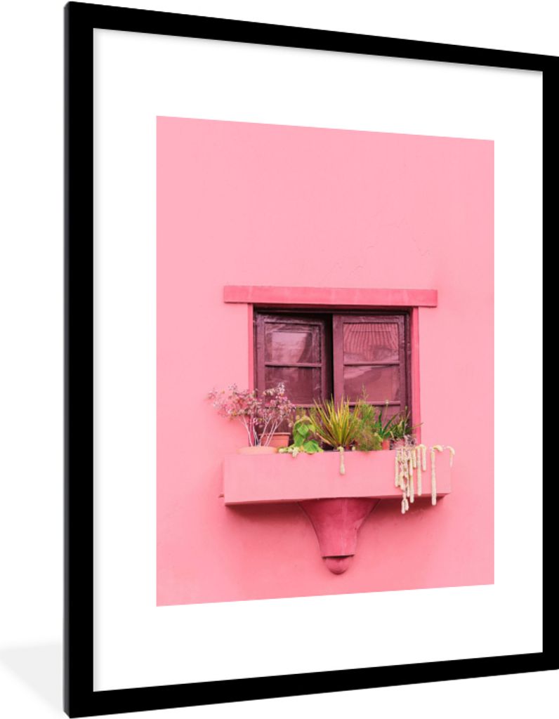 MuchoWow Gerahmtes Poster Fenster - Pflanzen - Rosa - Pflanzgefäß 60x80 cm - Poster mit Schwarzem Bilderrahmen Wandposter Rahmen Foto Bilder - ...