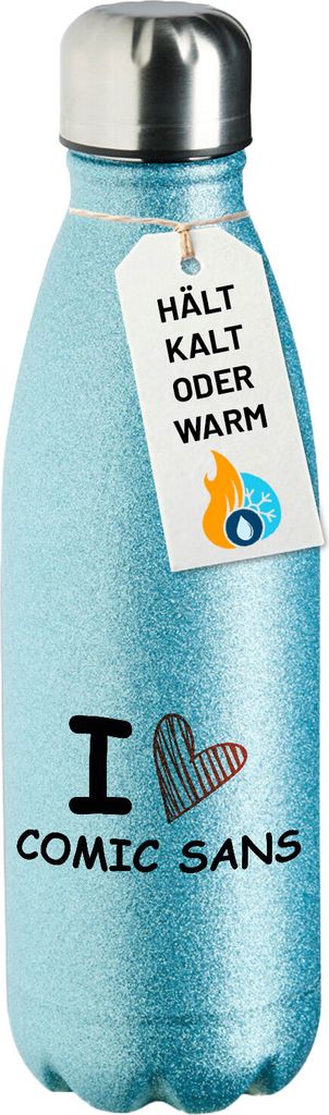 Huuraa Trinkflasche I love Comic Sans Herz 500ml Blue Edelstahl Wasserflasche Trinkflasche Geschenkidee