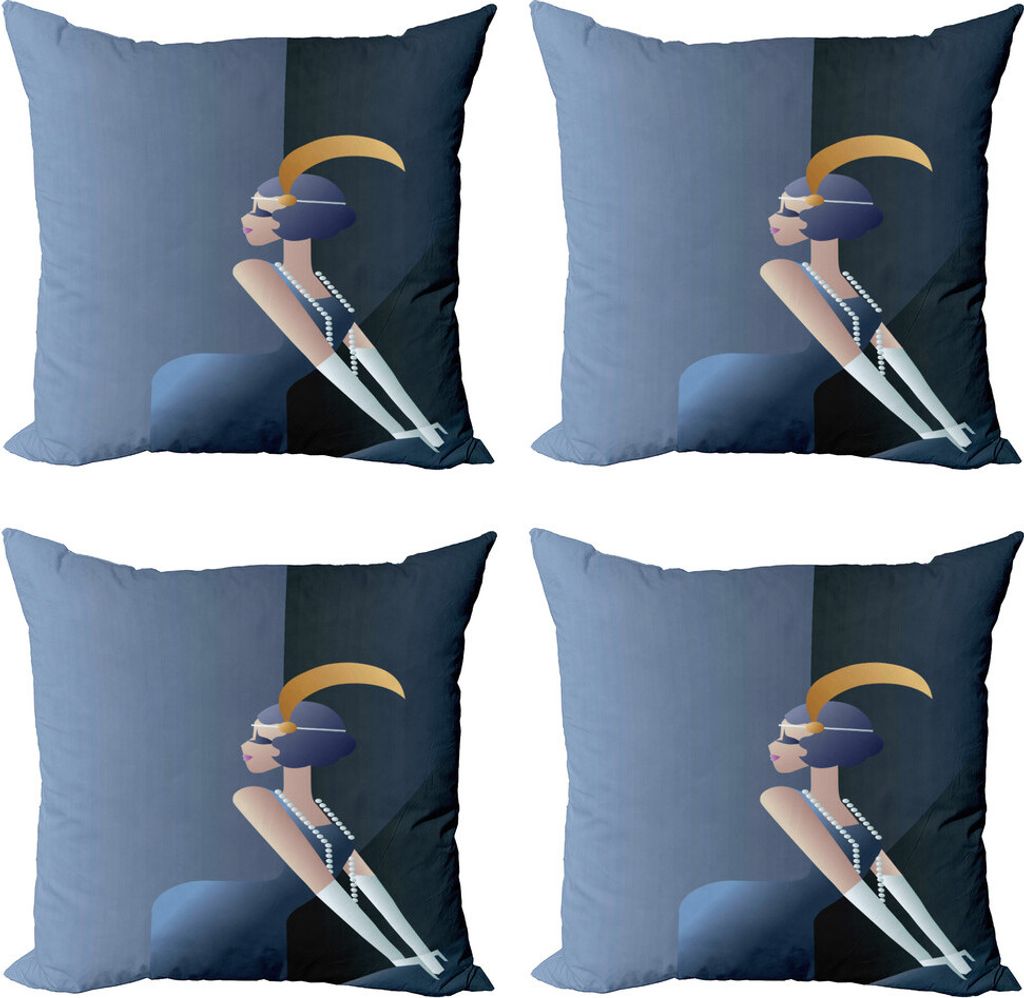 ABAKUHAUS Retro Kissenbezug Set (4 Stück), 20s Stil Flapper Lady, Moderner Doppelseitiger Digitaldruck, 60 cm x 60 cm, Blau, Grau und Dunkelblau