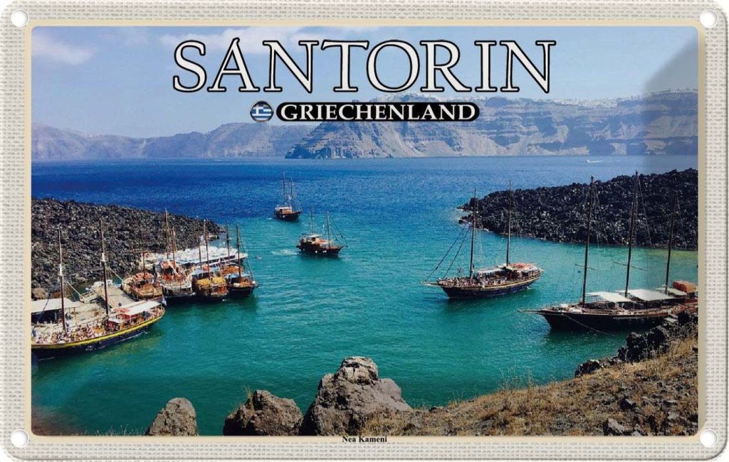 vianmo Blechschild 20x30 cm Santorin Griechenland Kameni Vulkaninsel Bildmotiv Reisemotiv Abenteuer Reisen Urlaub