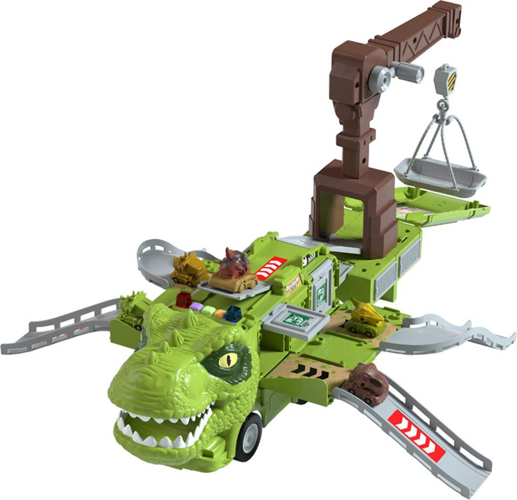 Dinosaurier Baufahrzeug Set, Grün Tyrannosaurus, Mit Licht & Musik, Neuheit Baustellen-Spielzeug mit Schienen