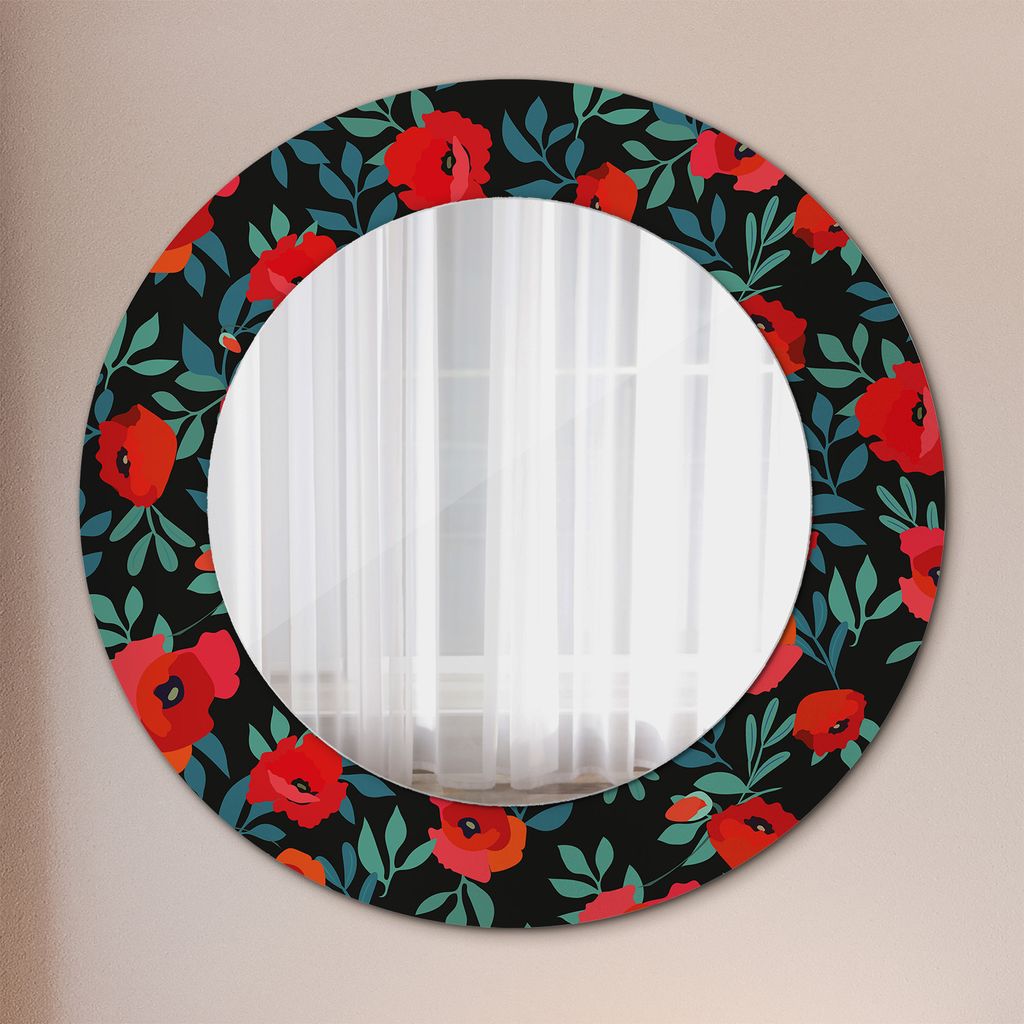 Ø50cm Spiegel - Glasrahmen mit Aufdruck - Wandspiegel Schlafzimmer - rot Mohn