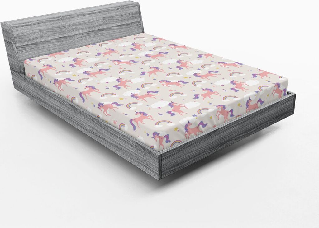 ABAKUHAUS Regenbogen Spannbetttuch, Dreamy Unicorn Muster Repetitive Wolken Sterne, 135 x 190 cm, Pale Salmon Mehrfarbig