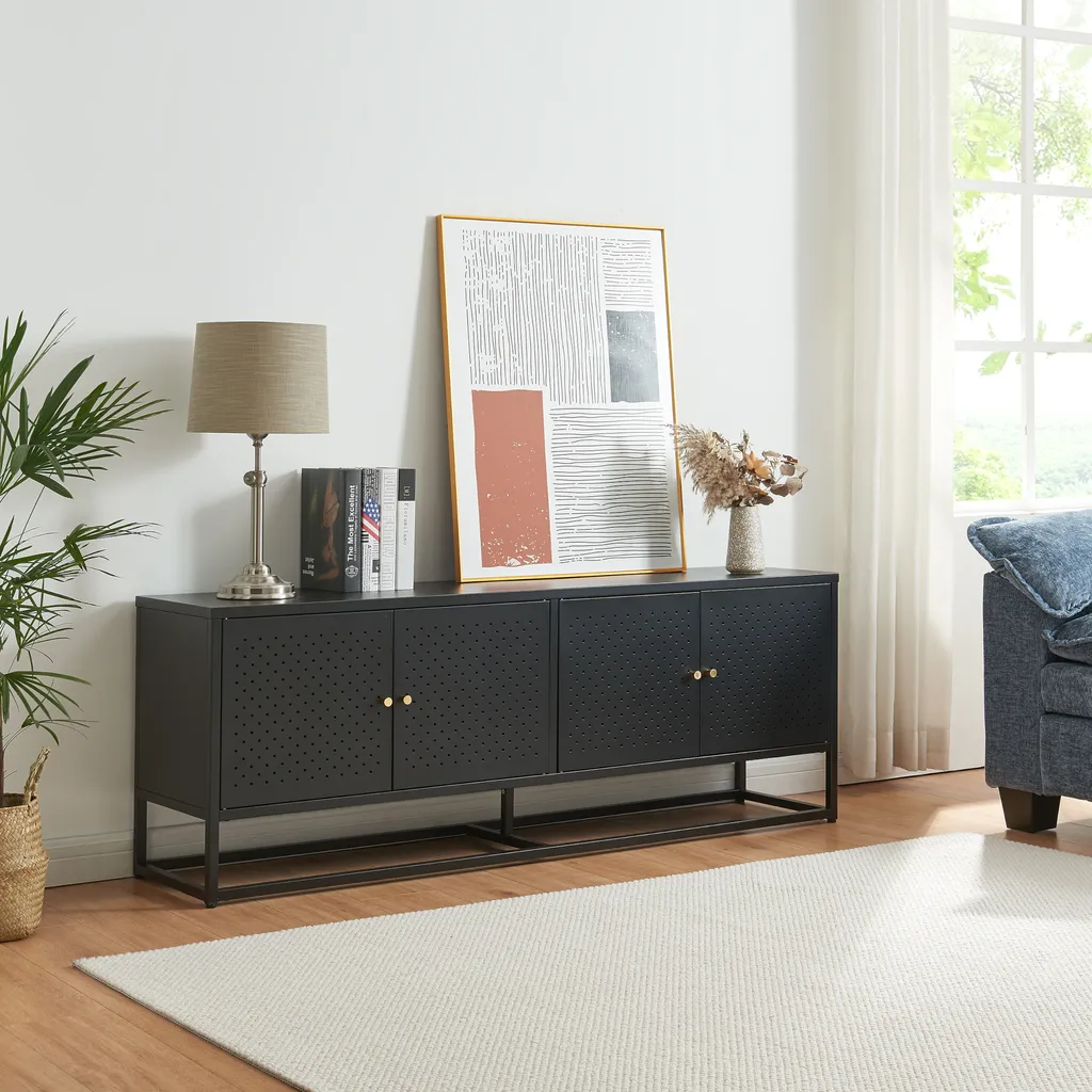 Meuble TV 153cm Janakkala noir en acier avec 4 portes de rangement