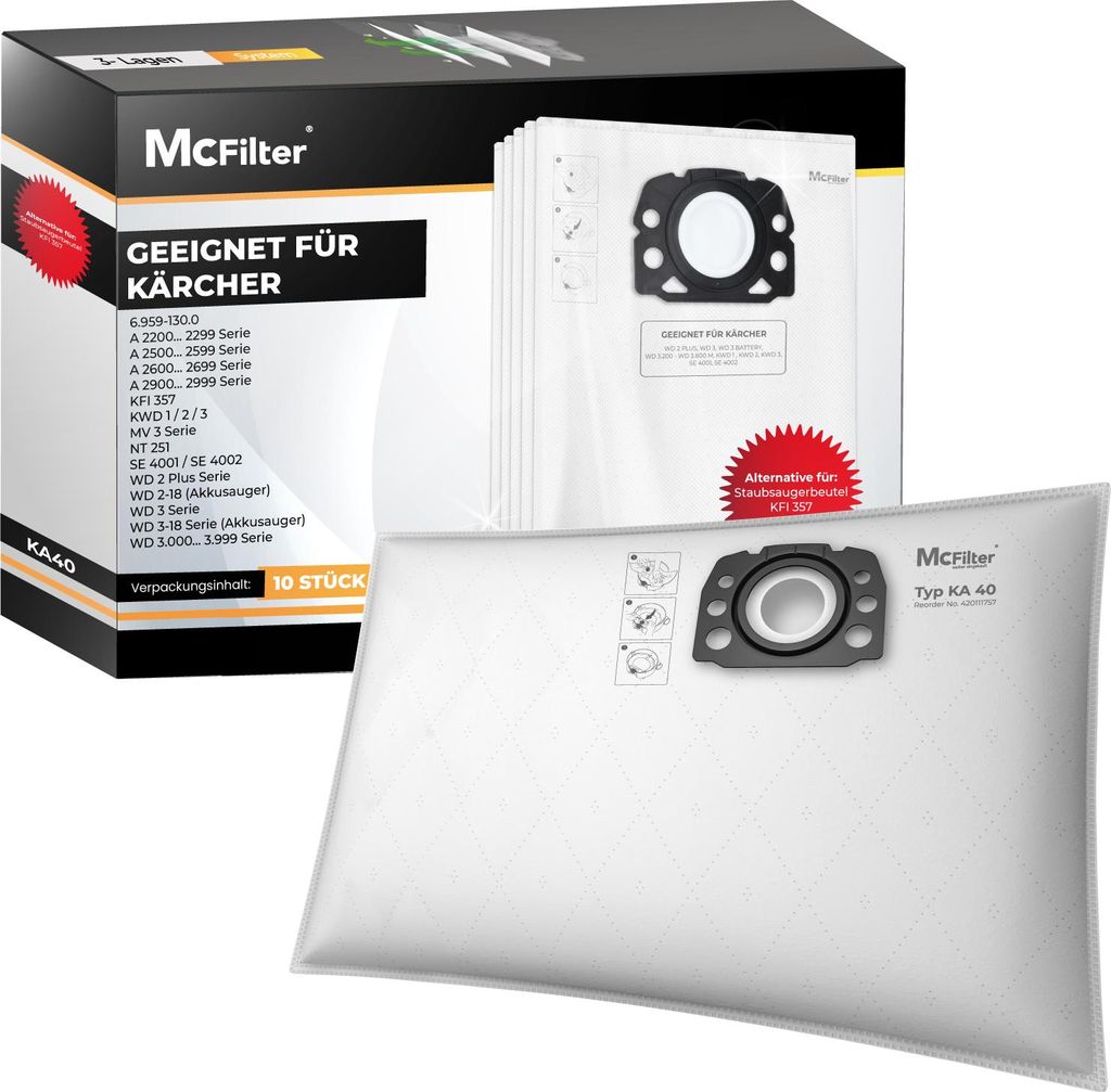 McFilter | 10 Staubsaugerbeutel Vlies geeignet für Kärcher KFI 357, WD 2 Plus, WD 3 Serie, KWD 1-3, SE 4001, SE 4002 | passend wie 2.863-314.0