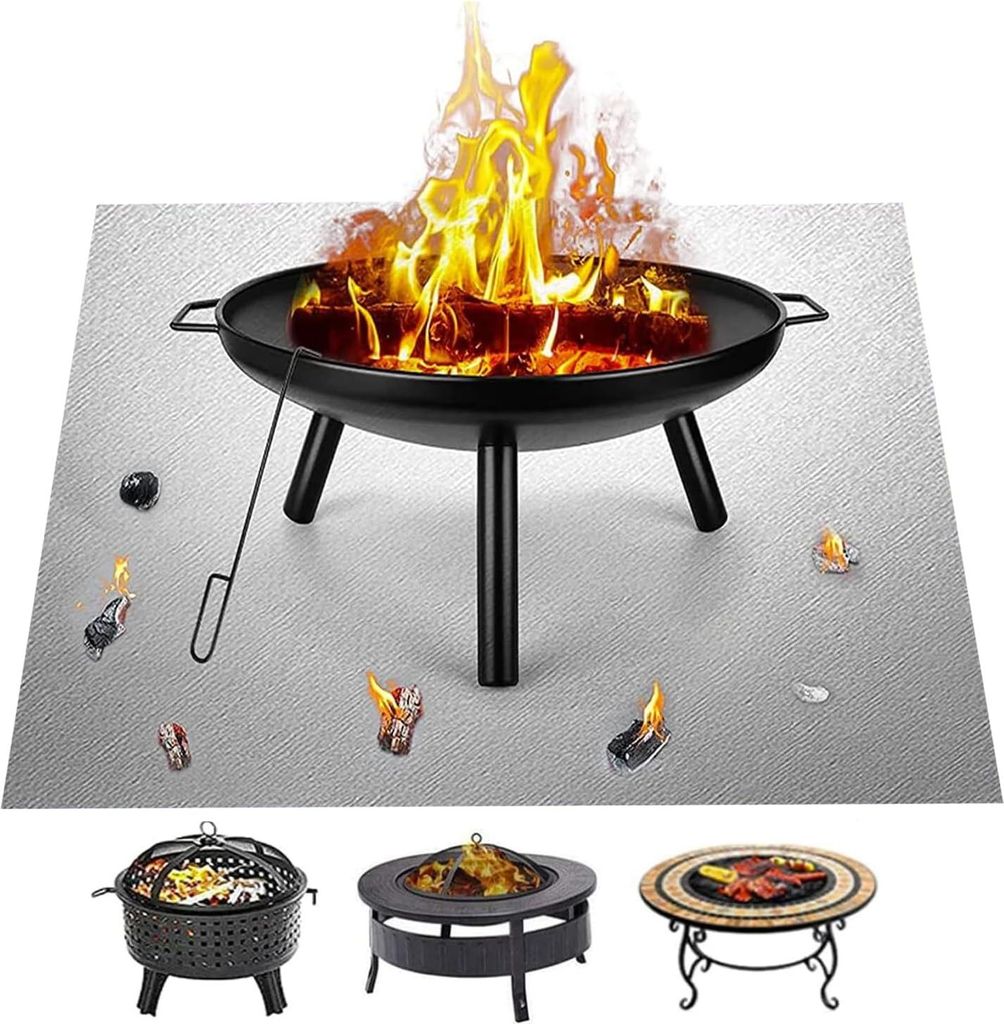 Quadratische Feuerschale 80 x 99 cm tragbare und feuerfeste Schutzunterlage für den Grill robust für Terrasse Rasen Garten