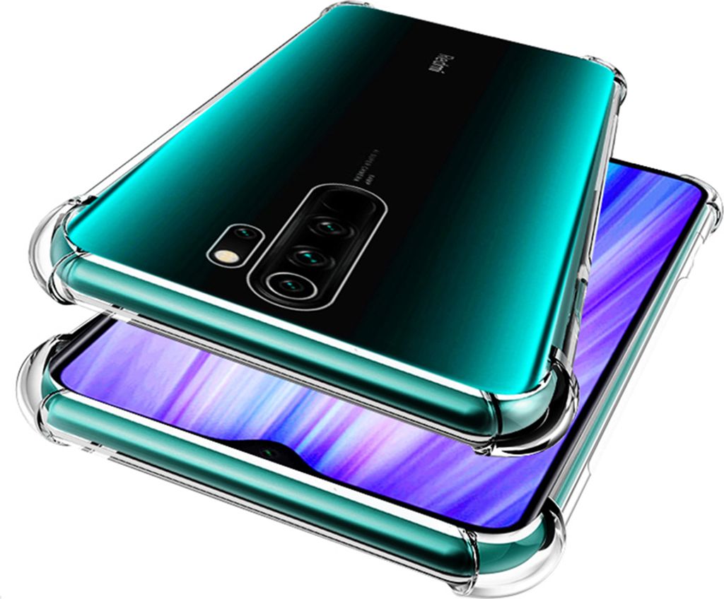 Two transparent phone cases are stacked on top of each other, with the bottom one showing a colorful screen.