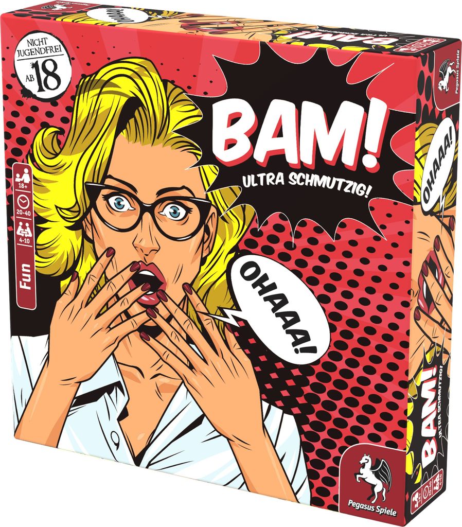 The image shows the front of a board game box with a comic-book style illustration of a surprised woman. The box is angled slightly towards the viewer.
