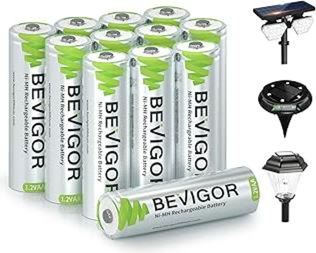 BEVIGOR 12 Stück 1000mAh 1.2V wiederaufladbare Solar-Batterien, leistungsstarke AA NI-MH-Akkus, geeignet für Außen-Solarleuchten, Lichterketten