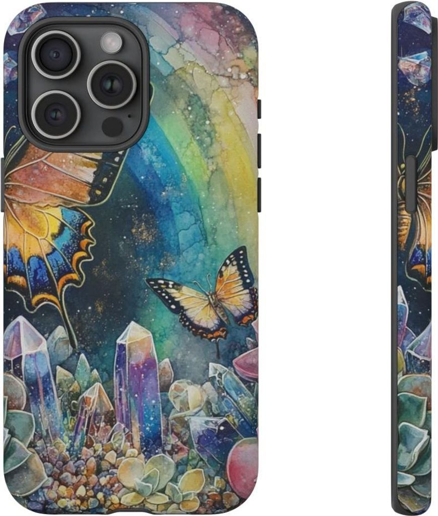 Schmetterlinge, Kristalle und Sukkulenten im Regenbogen-Design – Hülle Kompatibel mit iPhone 15 Pro Max