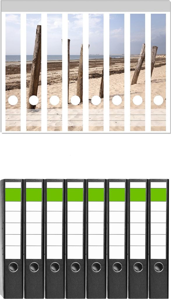 Wallario 8 Stück schmale Ordner inkl. Klebeetiketten mit Motive Sandstrand mit Holzpfählen am Atlantischen Ozean - Set mit Rückenschildern / Or...