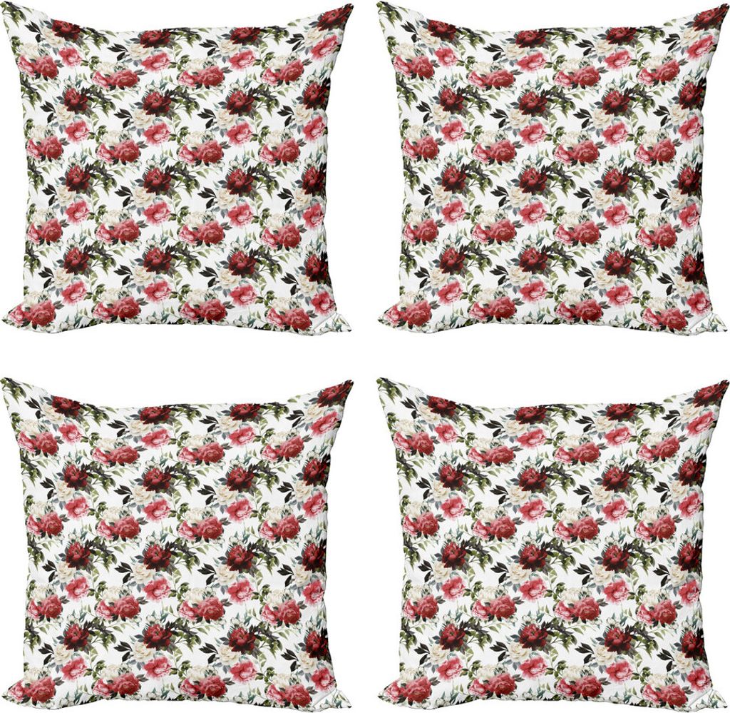 ABAKUHAUS Shabby Flora Kissenbezug Set (4 Stück), Aquarell Rosa Rosen, Moderner Doppelseitiger Digitaldruck, 50 cm x 50 cm, Dunkle Coral Maroon