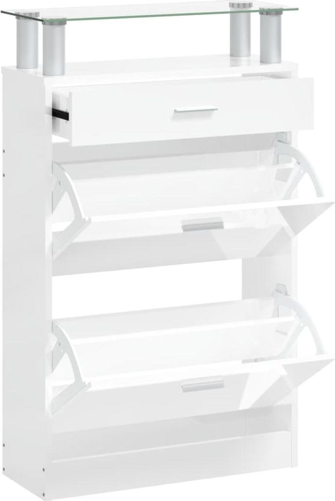 A white shoe cabinet with a glass top and multiple flip-down compartments.
