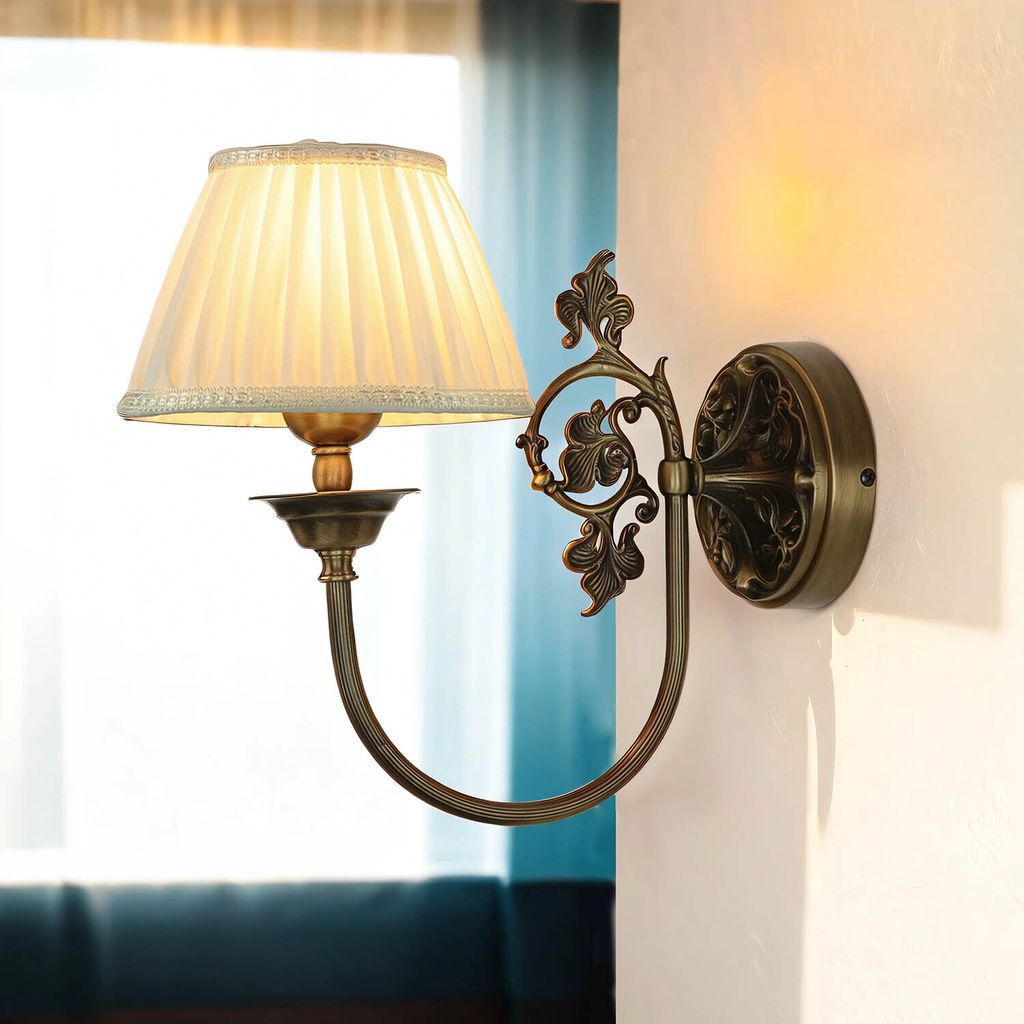 Wandleuchte Weiß Bronze E14 Stoff Echt-Messing Jugendstil Wandlampe
