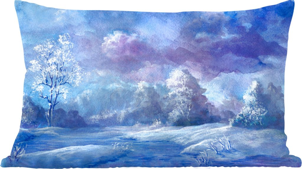 MuchoWow Zierkissen Sofakissen Wohnzimmer Dekokissen 50x30 cm Aquarell - Schnee - Wald - Wohnzimmerdekoration - Polster mit Photo