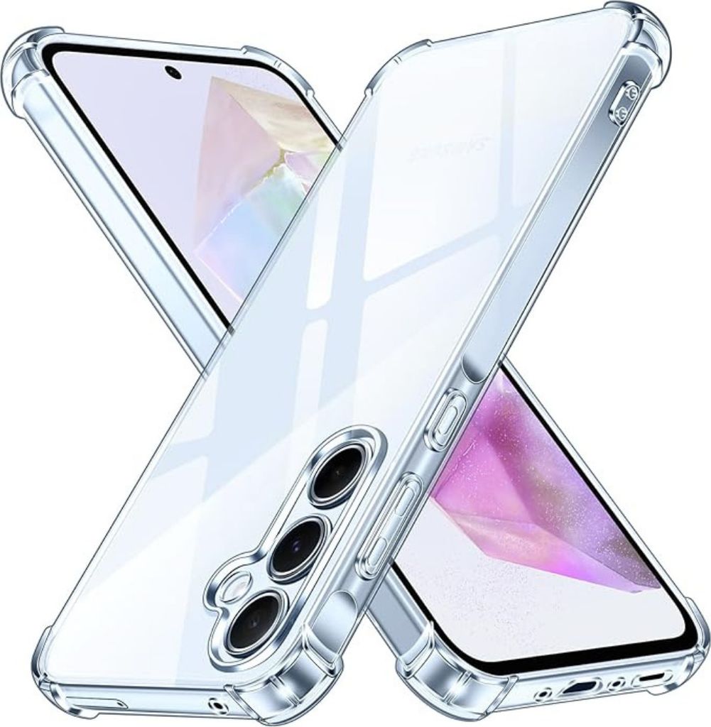 Two transparent phone cases are shown crossed over each other, with a hint of a phone screen visible underneath.