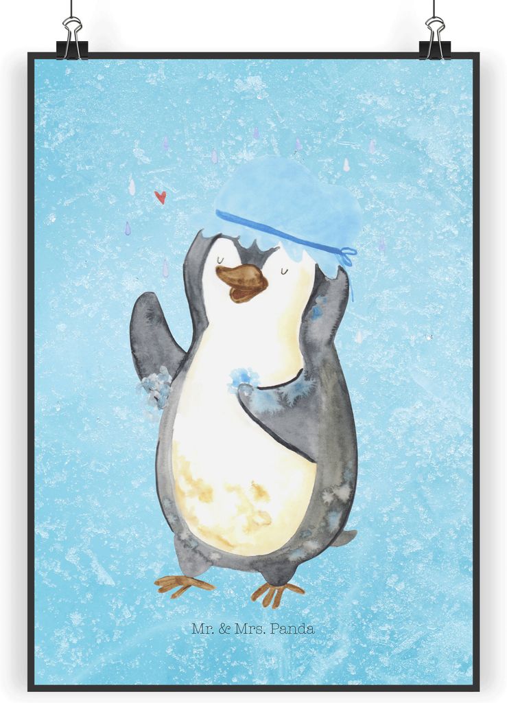 Mr. & Mrs. Panda Bild Pinguin Duschen DIN A4 - Eisblau - Geschenk, Wanddekoration, Neuanfang, Dusche, drucke, wanddeko, Kunstdruck, Plakat, Singen,...