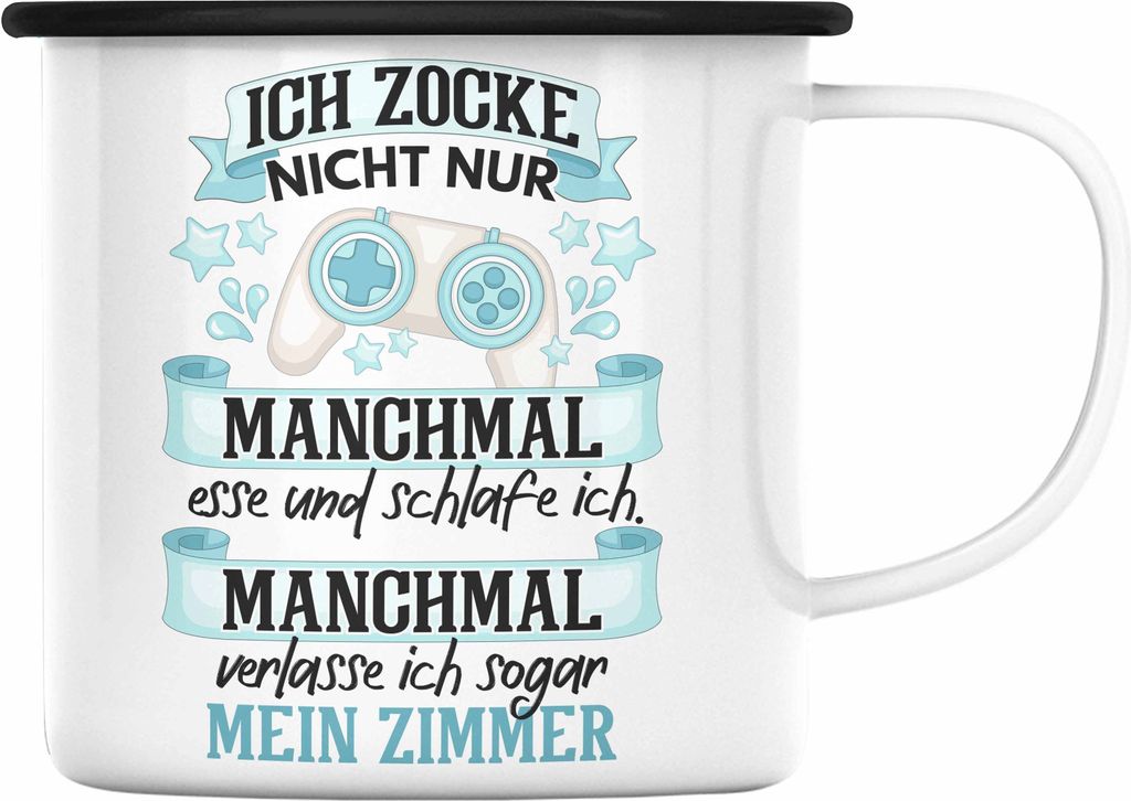 Trendation - Zocker Video Gamer Emaille Tasse Geschenk Games PC Lustige Gaming Emaille Emaille Tasse Spruch Geschenk Jungs Gaming (Schwarz)