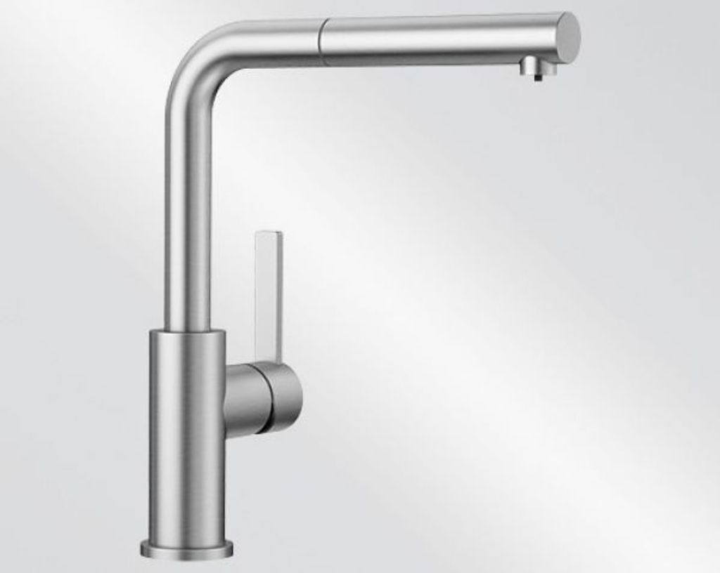 A close-up studio shot of a modern kitchen faucet.