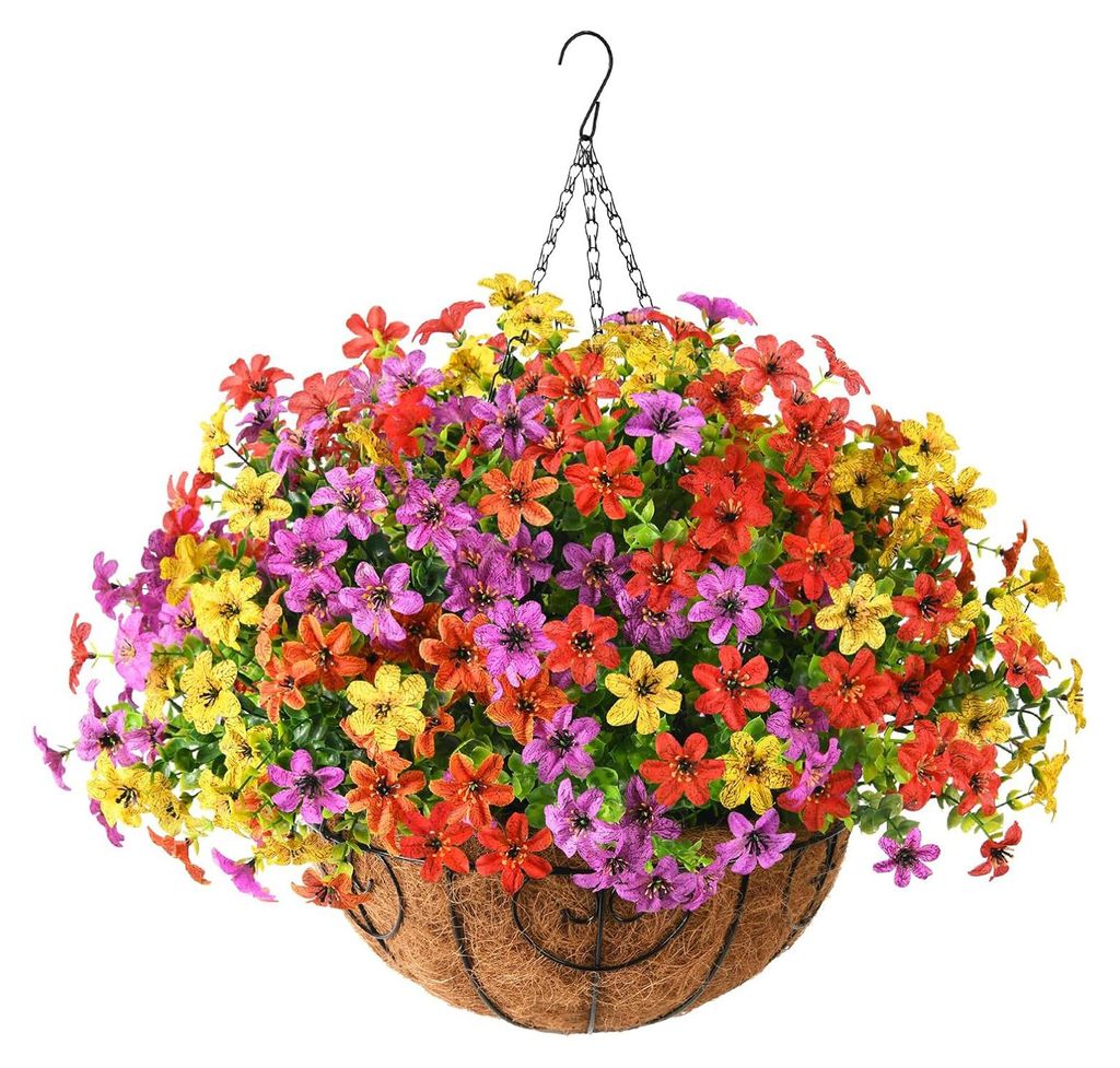 Künstlicher Hängeblumenkorb, UV-beständig, bunte Eukalyptus-Kunstblumen im Korb für den Außenbereich, ideal für Veranda, Terrasse, Balkon und...