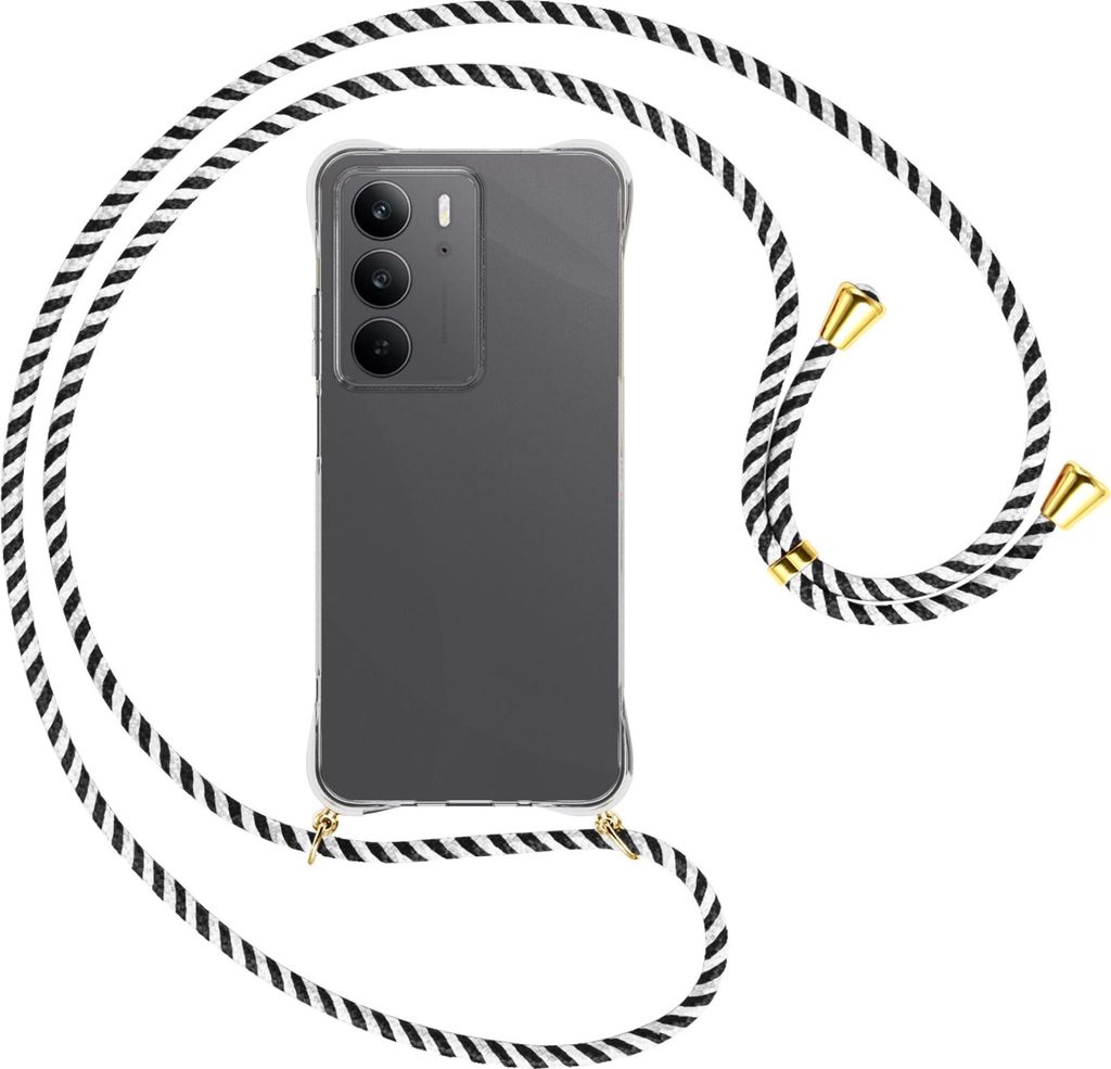 Handykette Backcover-Schutzhülle mit Band (Metall goldfarben) für Realme C75 4G - schwarz/weiß gestreift