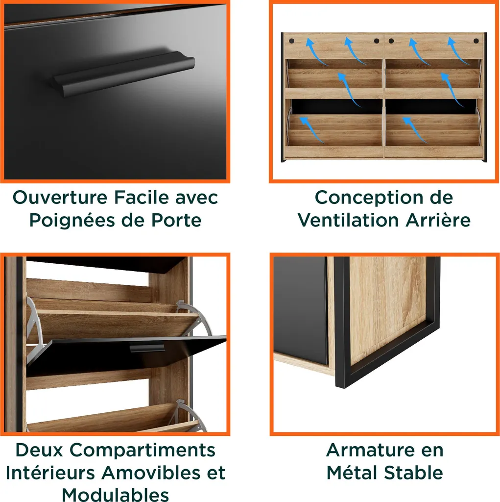 Meuble Chaussures 4 Abattants Bois et Noir - Rangement Entrée Compact