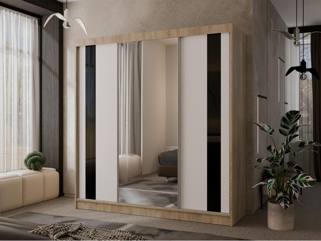 200 cm breit Kleiderschrank Sevilla mit Spiegel Garderobenschrank mit Schubladen und Schiebetüren sonoma Schrank mit Dekoration aus Möbelglas, Fa...