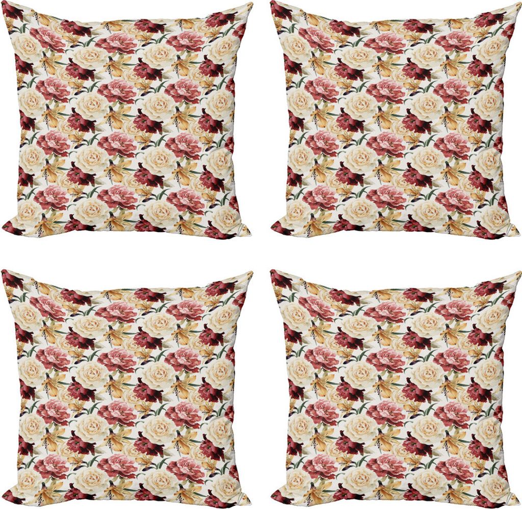 ABAKUHAUS Rose Kissenbezug Set (4 Stück), Aquarell Rosen Pfingstrosen, Moderner Doppelseitiger Digitaldruck, 60 cm x 60 cm, Getrocknete Rosen-Crem...