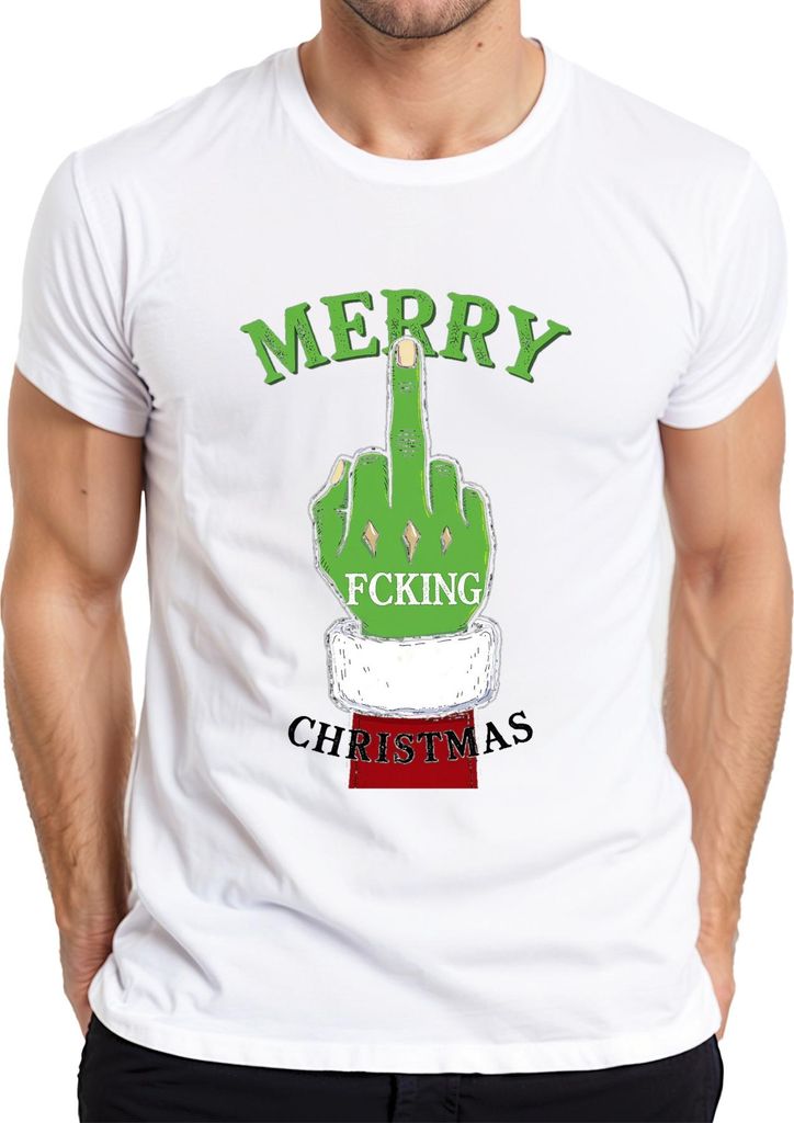Merry Fcking Christmas Grinch Mittelfinger frech lustig böse Herren T-Shirt, Weiß, M