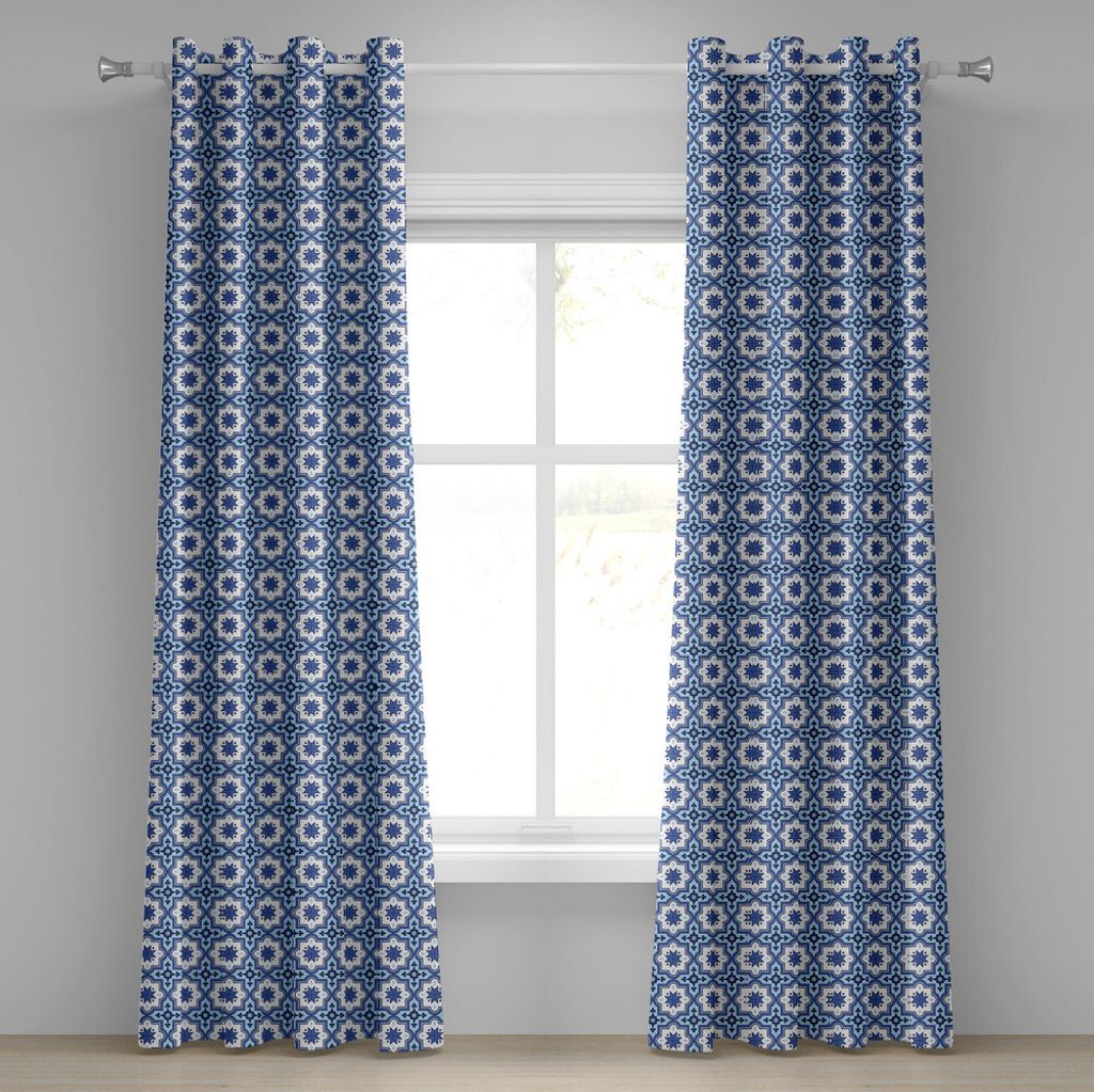 ABAKUHAUS Navy blau Ösenvorhang, Marokkanische traditionelle Fliesen-Motive mit Blumenelementen im Blau, Dekorative 2-Panel-Fenstervorhänge, 280 ...
